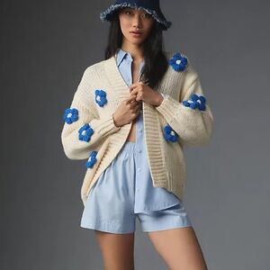 Anthropologie Cream Cardigan with Blue Floral Accents